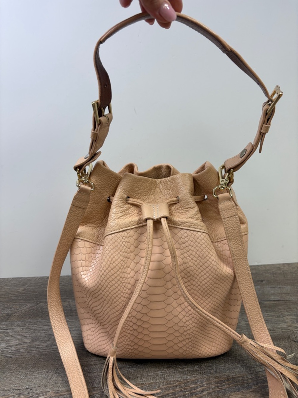 GiGi New York Embossed Leather Bucket Bag Blush Pink Drawstring Tassel Crossbody